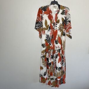FUZZI Dress Womens XS Leaf Print Tulle Ivory Orange Brown A-Line Ruffle Midi